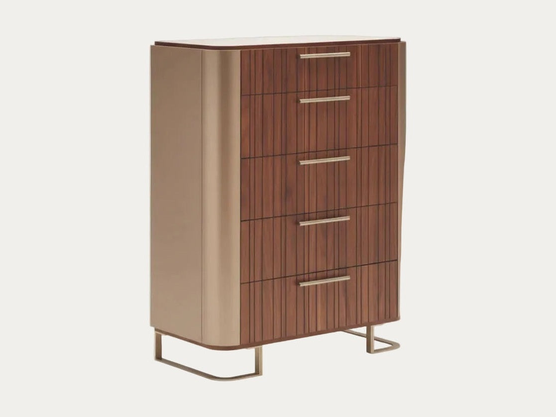 Hera 5-drawer chest with metal legs on a white background.