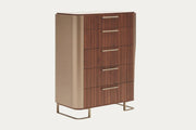 Hera 5-drawer chest with metal legs on a white background.