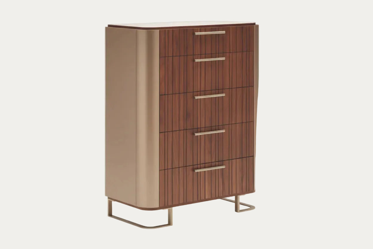 Hera 5-drawer chest with metal legs on a white background.