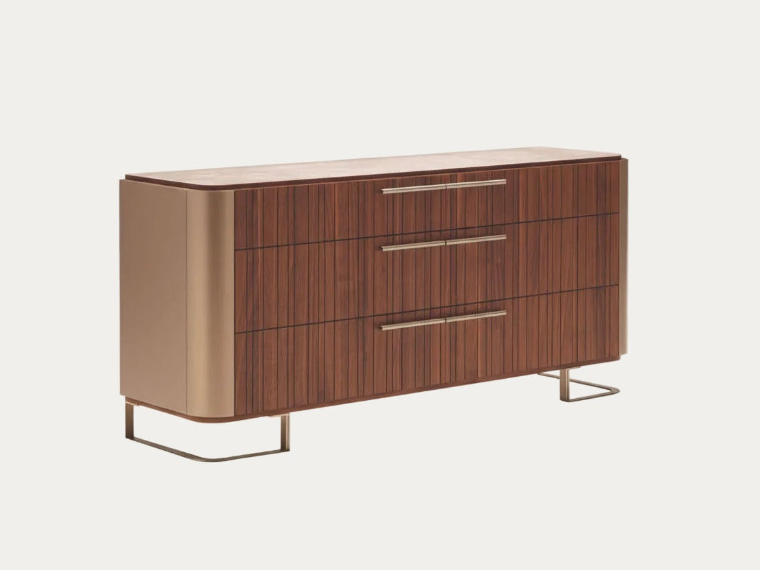 Hera wooden dresser with metal legs on a white background.