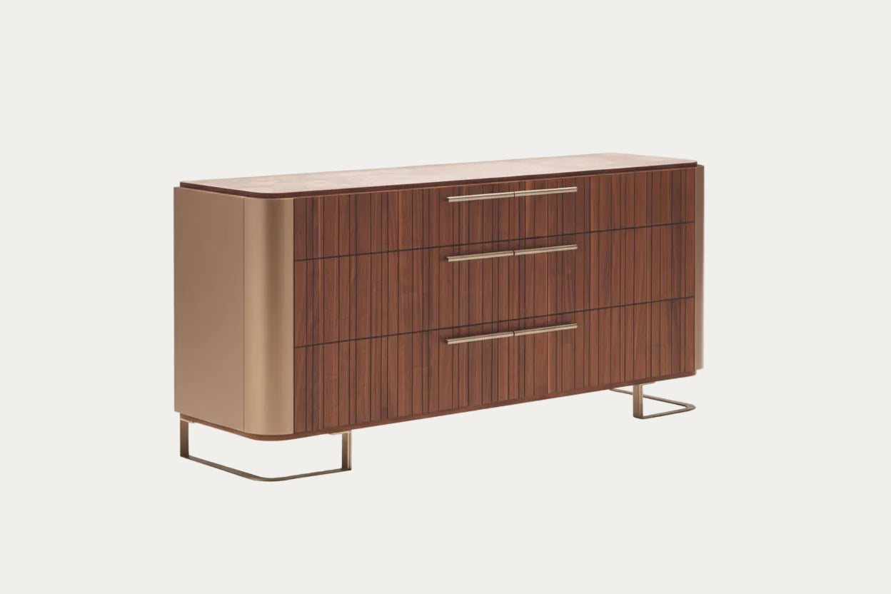 Hera wooden dresser with metal legs on a white background.