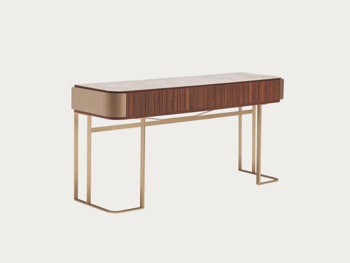 The Hera wooden vanity with brass legs on a white background.