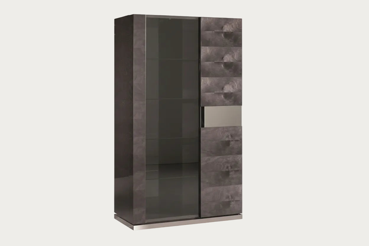 Heritage tall, dark gray cabinet with glass doors on a white background