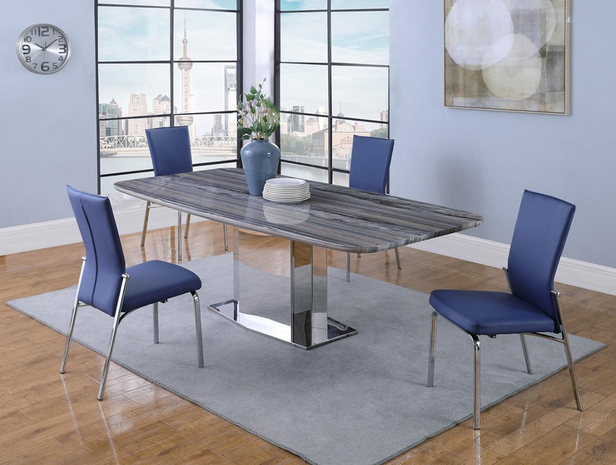 Molly Motion Back Side Chair, Blue  Faux Leather with Brushed Steel Legs, Set of 2
