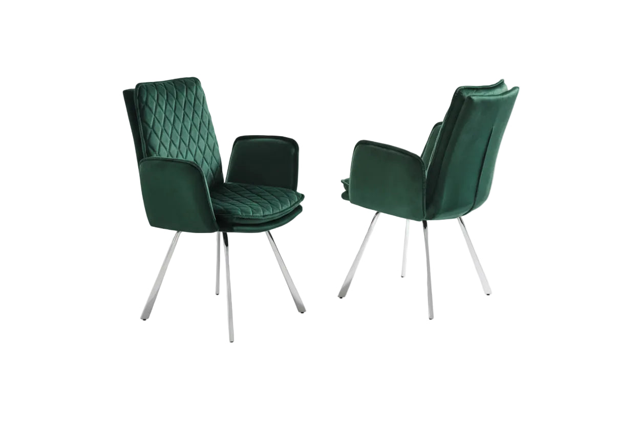 Novel Armchair upholstered in Green Velvet Fabric with Chrome legs