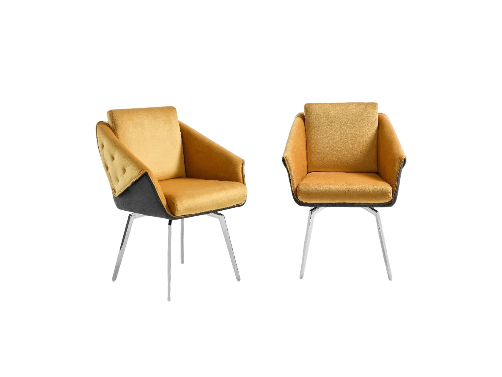 Two contemporary mustard yellow velvet armchairs with charcoal gray outer shells and sleek silver legs stand against a white background.