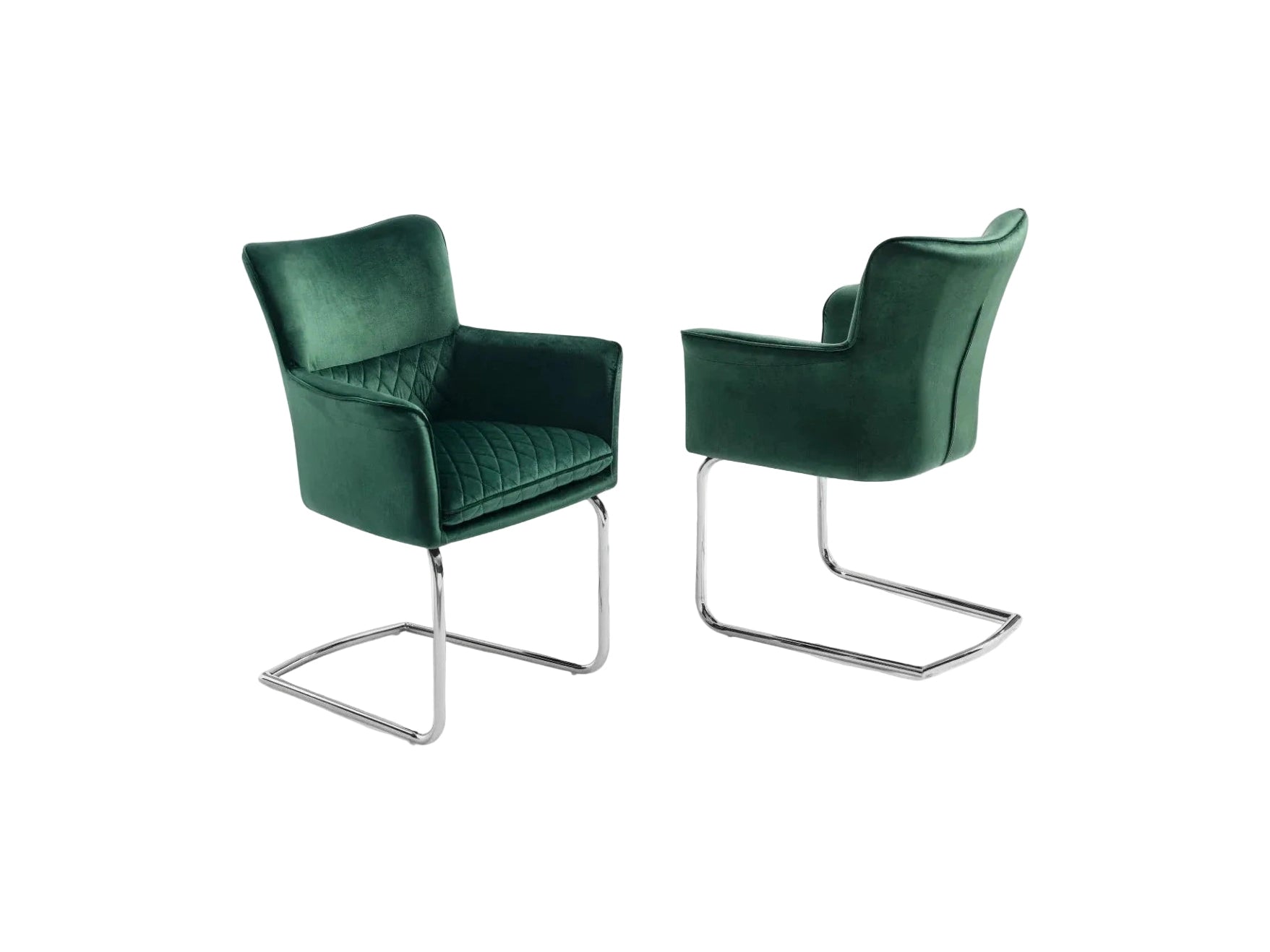 Loran armchair upholstered in green velvet with chrome legs