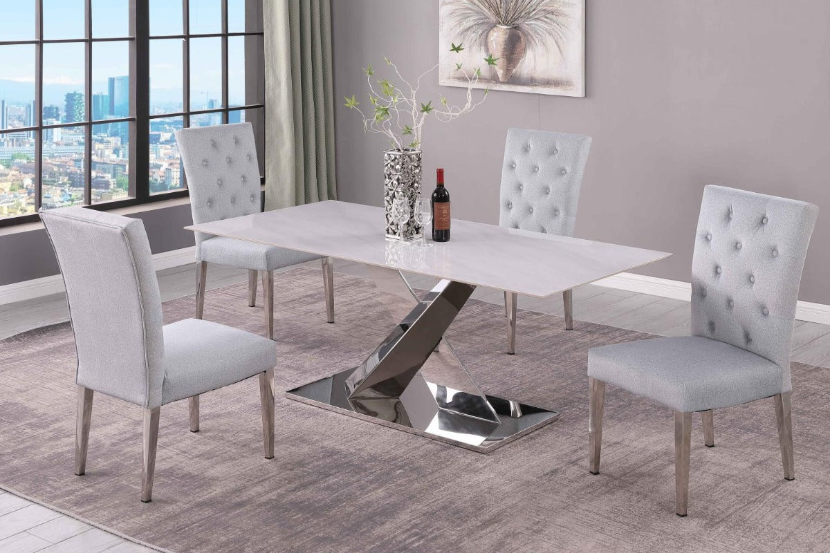 5-piece modern dining room set with a Jeniffer white table and four Kerry gray chairs in a room with large windows.