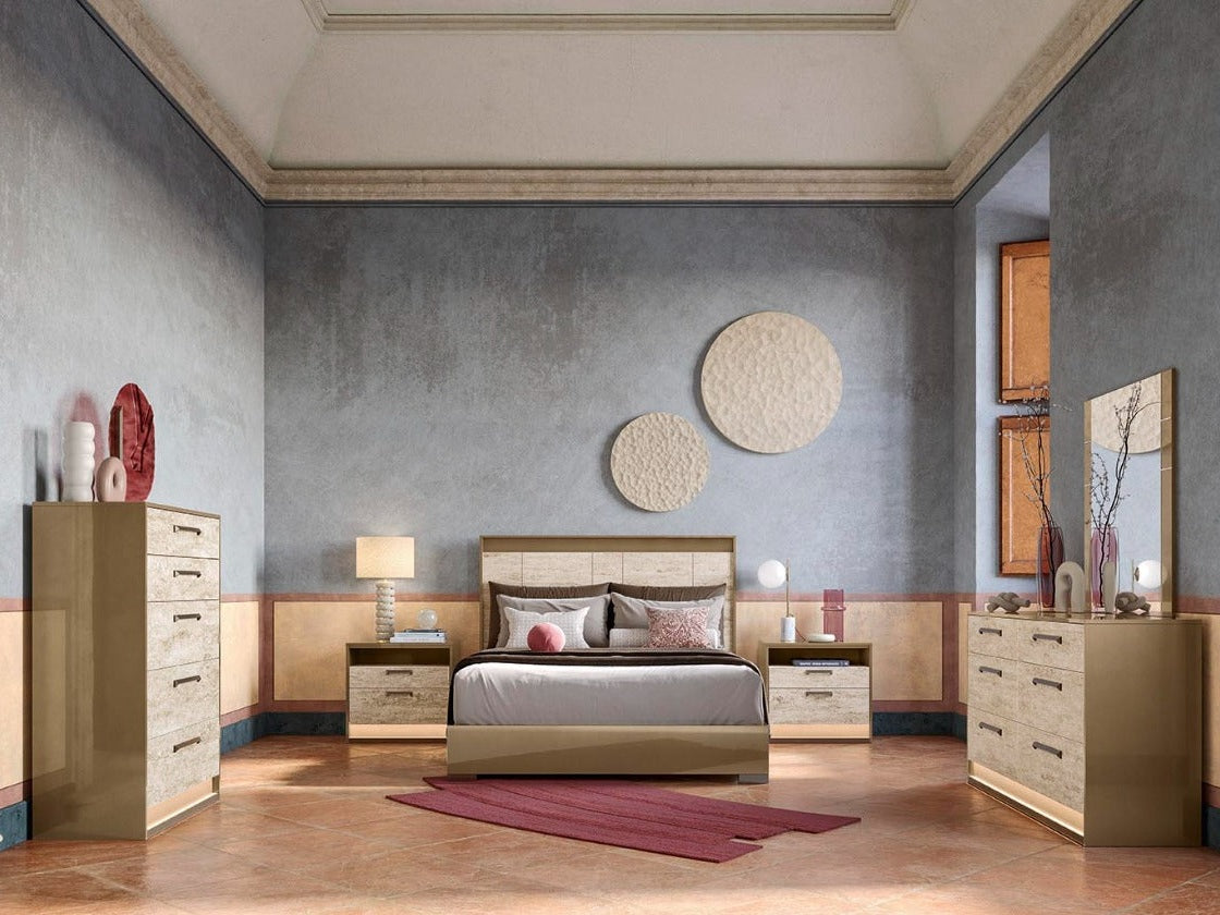 Jo Modern Dresser – Gold High Gloss & Travertino Eco-Stone Finish