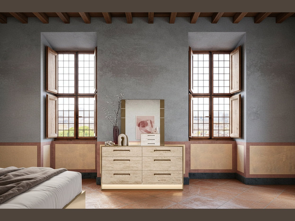 Jo beige dresser with mirror in a room with large windows and gray walls
