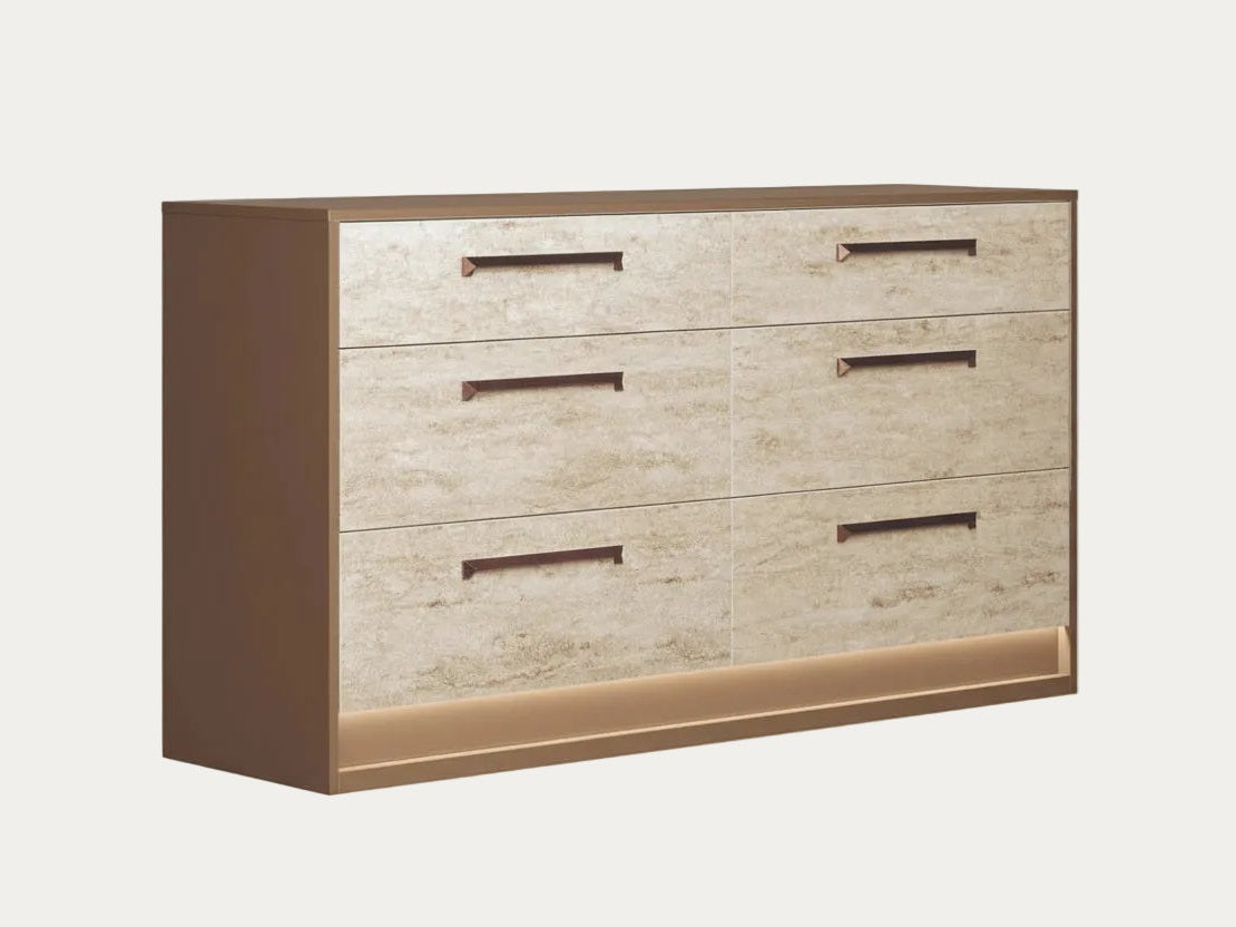 Jo beige dresser with multiple drawers on a white background.