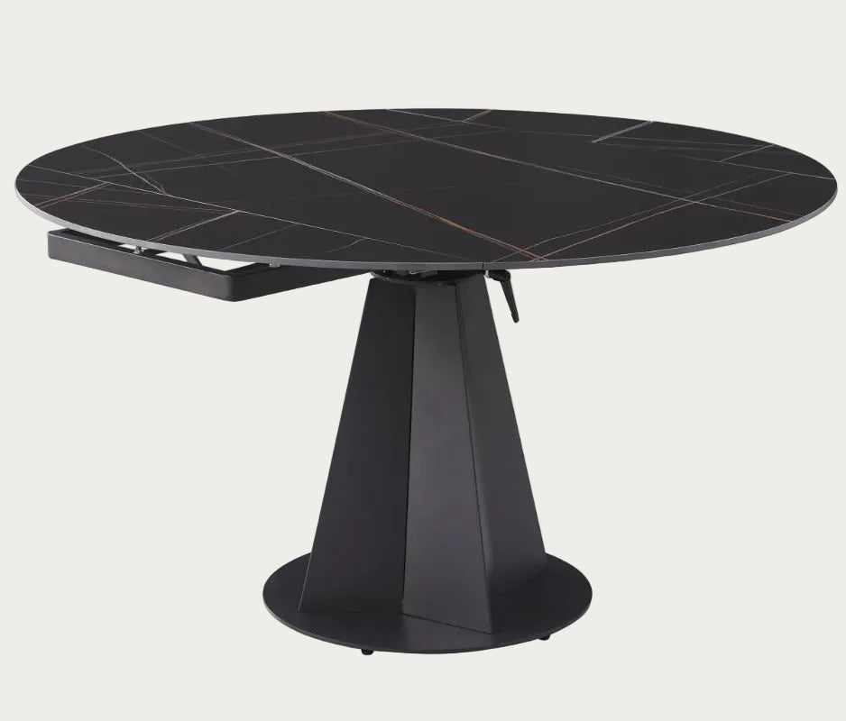 Jocelyn black round table with a tiled surface on a white background