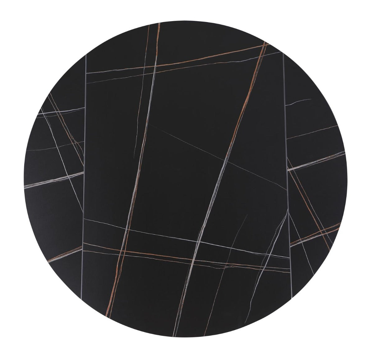 Round black surface with white and gold geometric lines on a white background