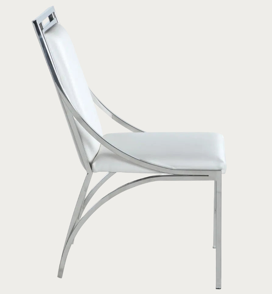 Josie modern white chair with metallic frame on a white background