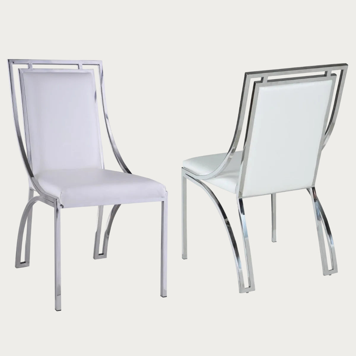 Two Josie white chairs with chrome frames on a white background 