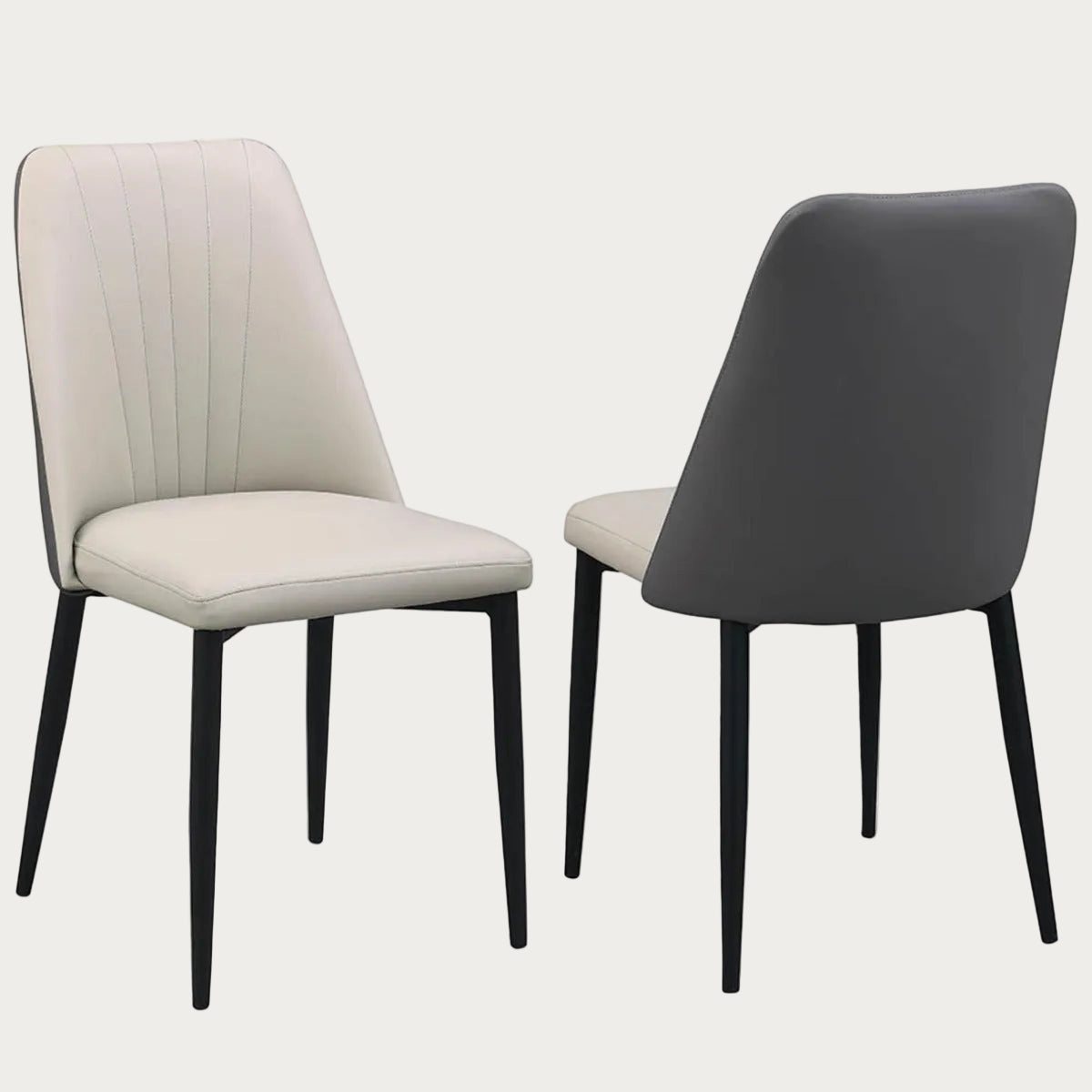 Two Judith side chairs, one beige and one gray.