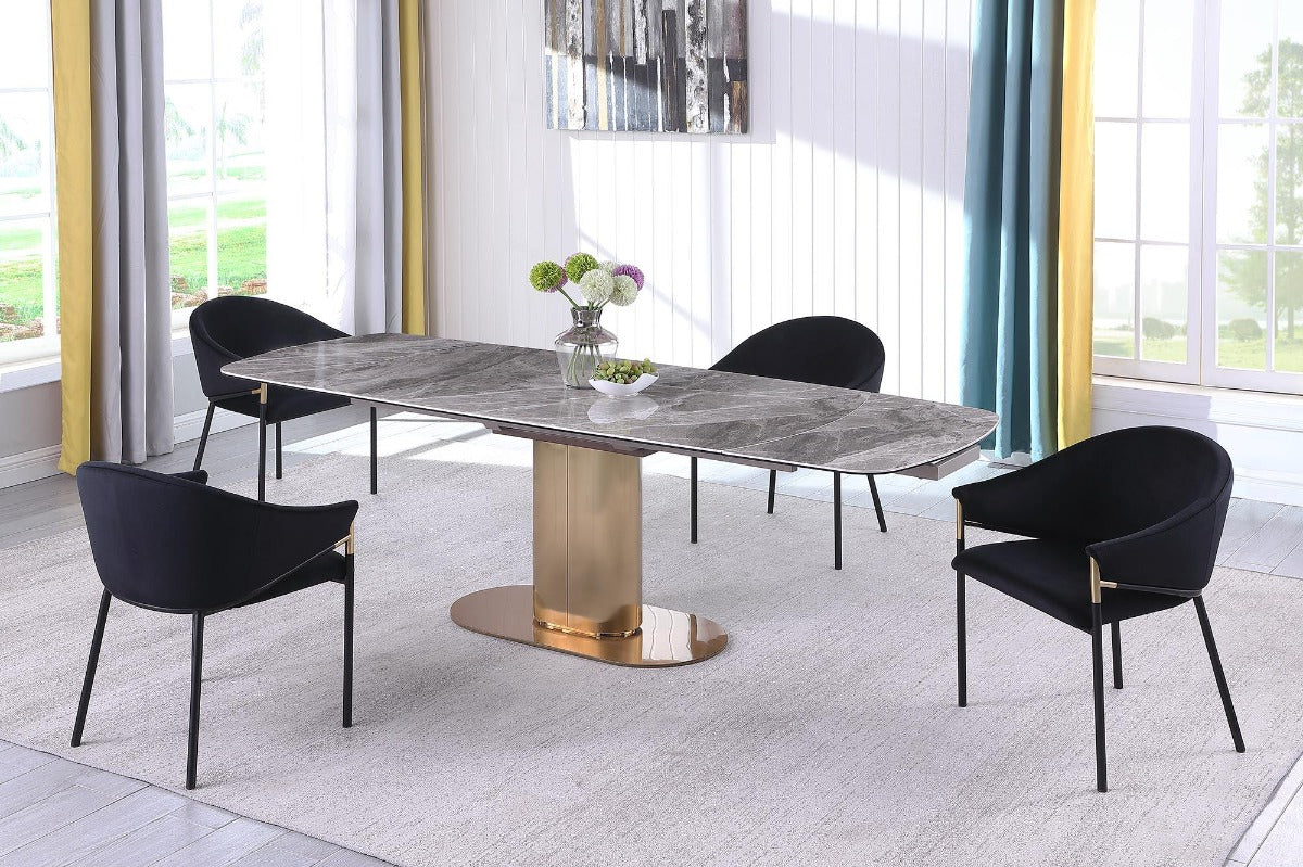 Karla Extendable Marbleized Ceramic Top Dining Table with Steel Base