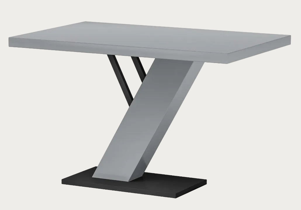 Linden modern gray dining table with a unique Z-shaped leg design
