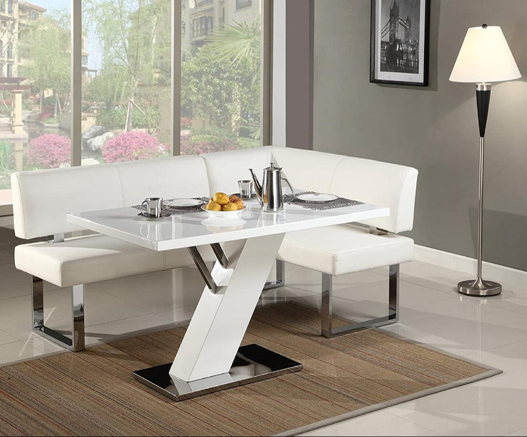 Linden modern dining room with a white table and bench set in a well-lit room.