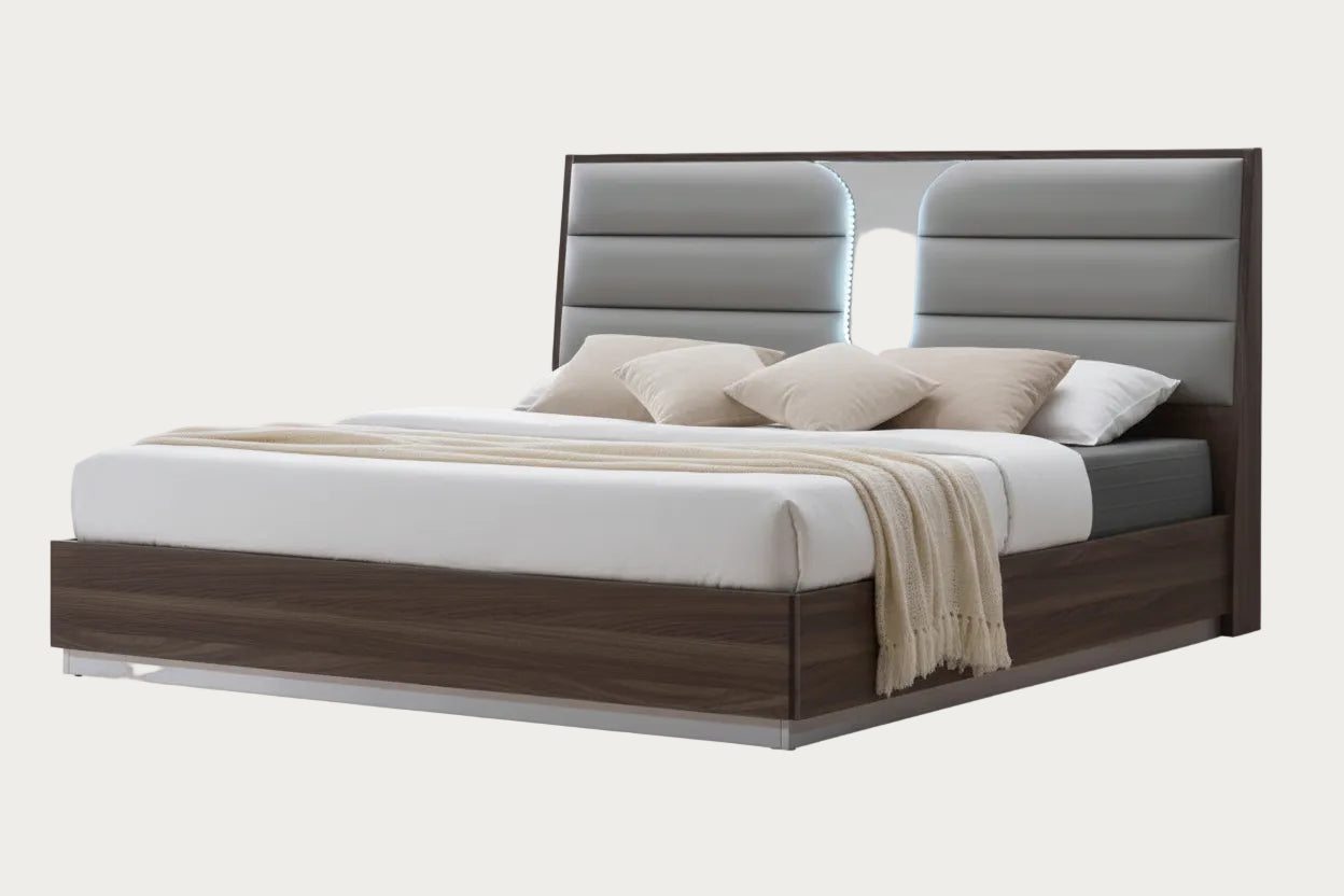 London modern bed with wooden frame and gray upholstered headboard on a white background