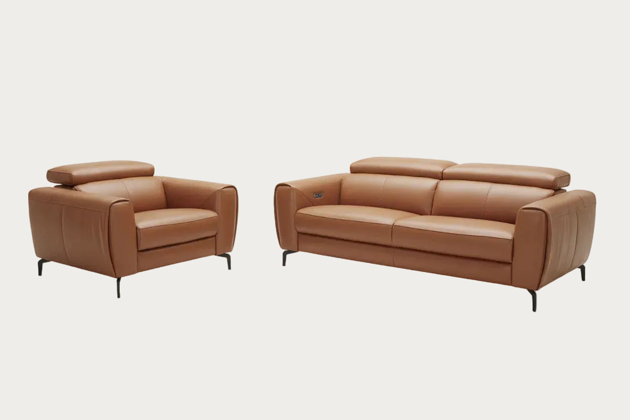 Lorenzo caramel leather sofa and armchair on a white background