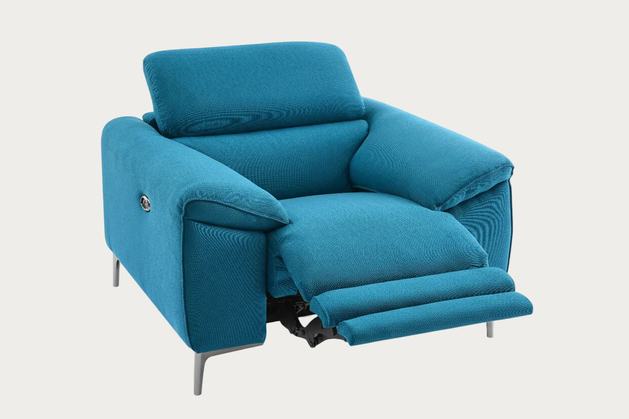 Lucca recliner chair in turquoise fabric on a white background