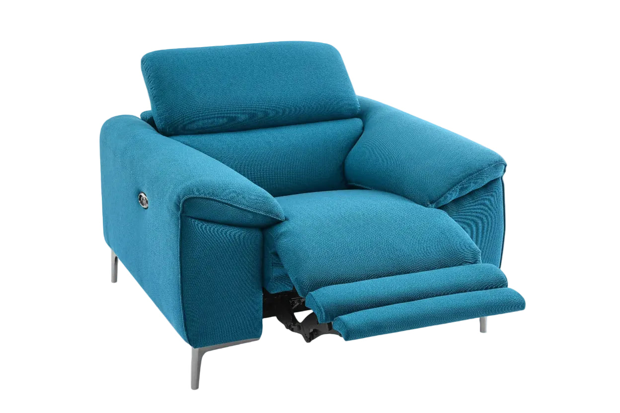 Lucca recliner chair in turquoise fabric on a white background