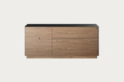 Wooden sideboard with two doors on a white background