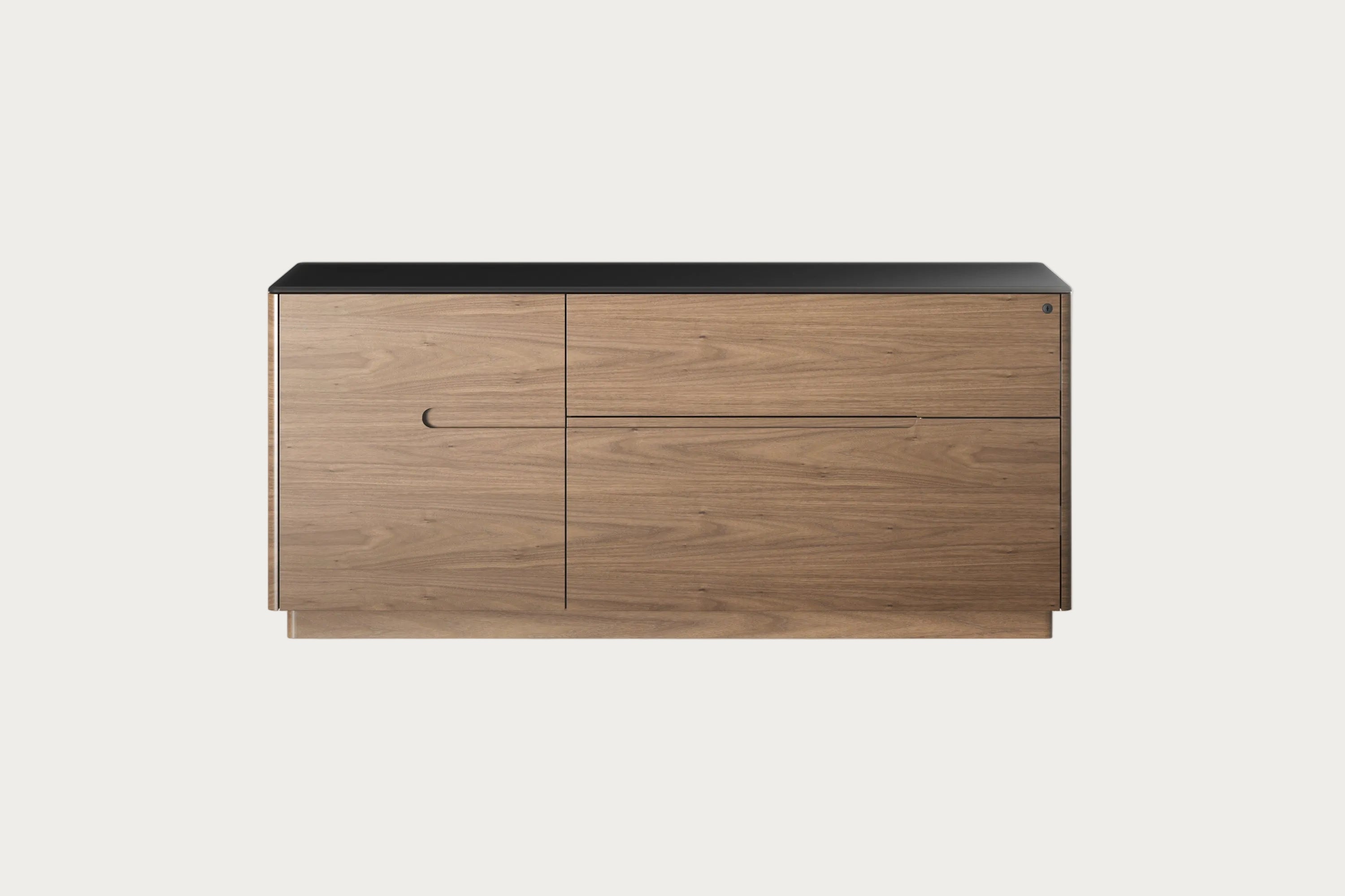 Wooden sideboard with two doors on a white background