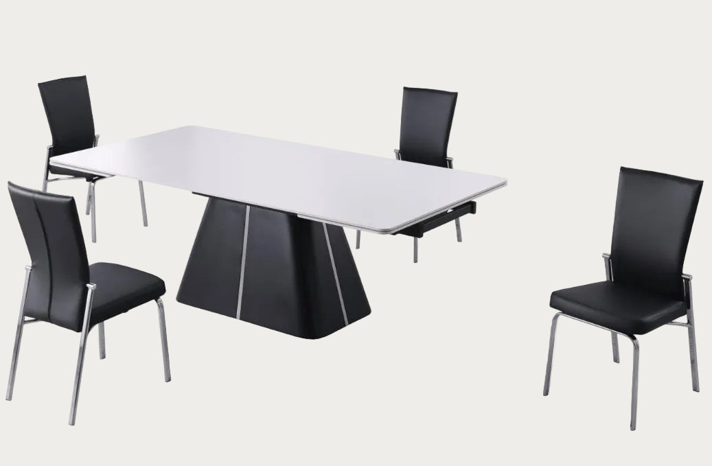 Mabel modern dining table with four black chairs