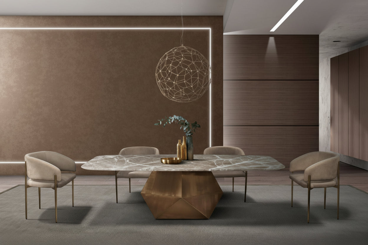 Modern dining room with a round table and chairs in a stylish interior setting.