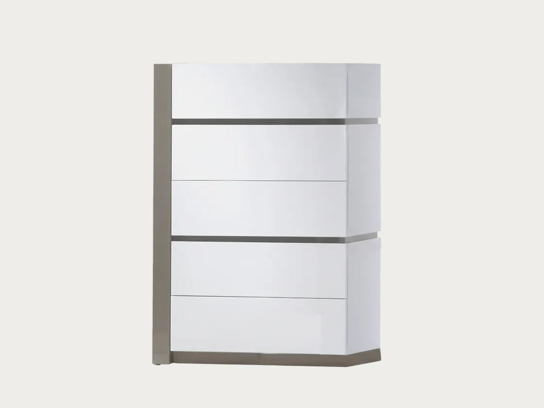 Manila chest of drawers with white high-gloss doors and gray base on a white background