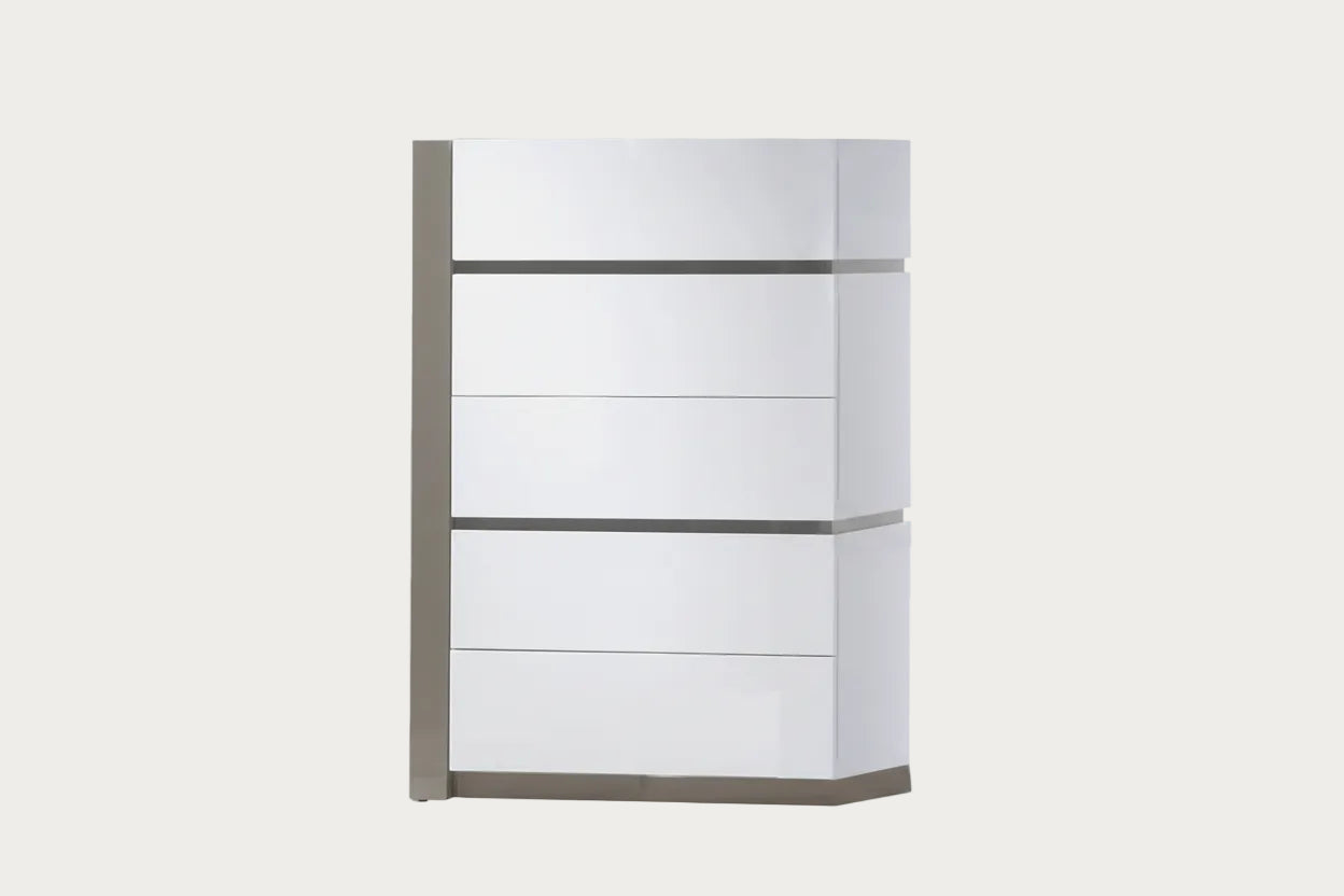 Manila chest of drawers with white high-gloss doors and gray base on a white background
