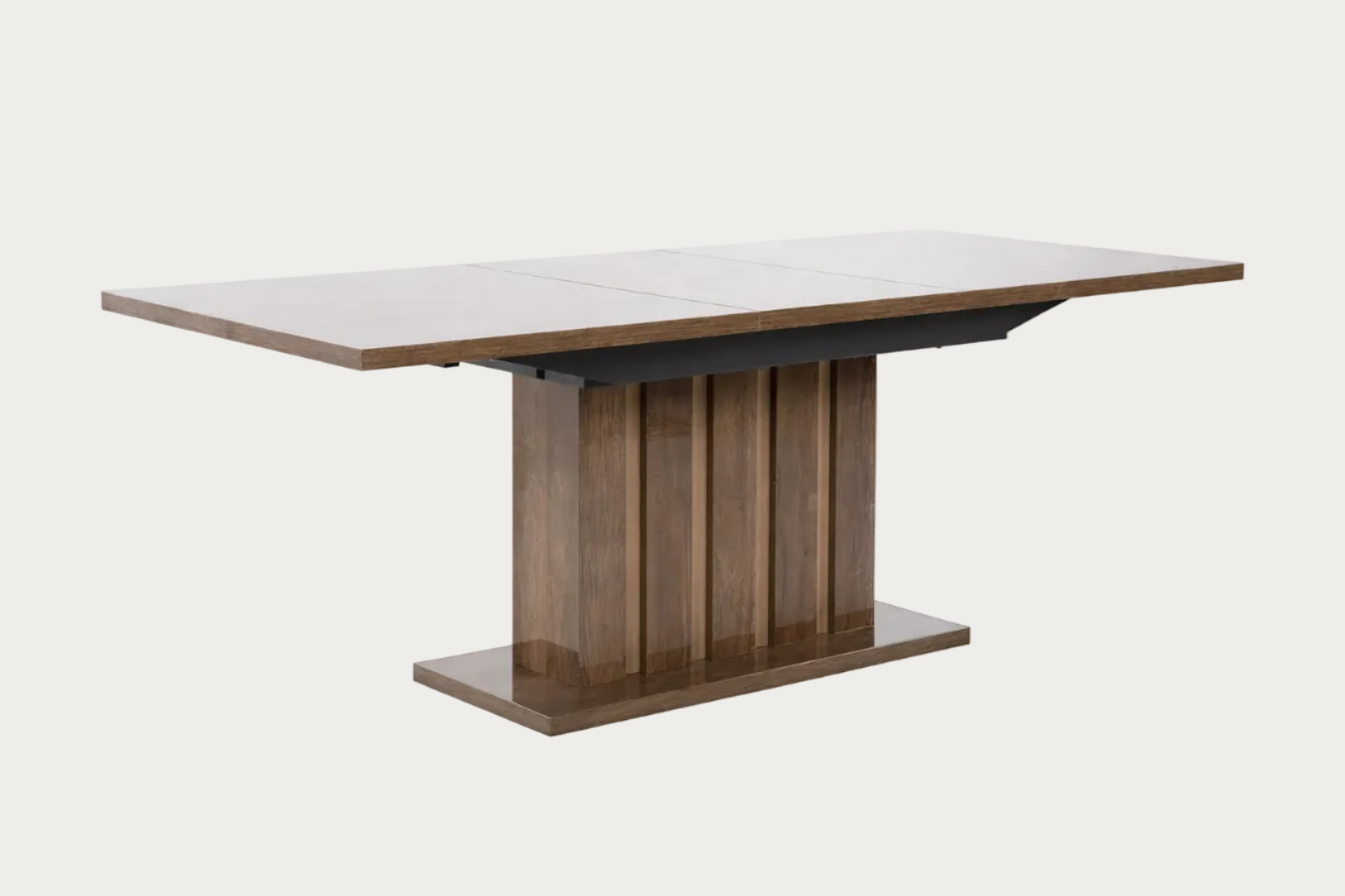 Matera dining table with wooden base and white top on a white background