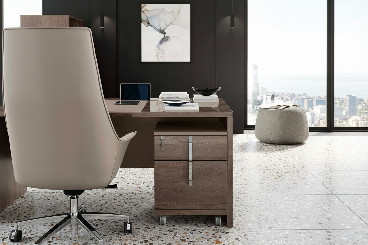 Matera wooden office desk with 2-drawer mobile file pedestal in a modern office setting.