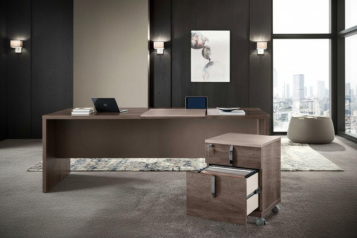 Matera modern office desk with a rolling file cabinet in an office setting.