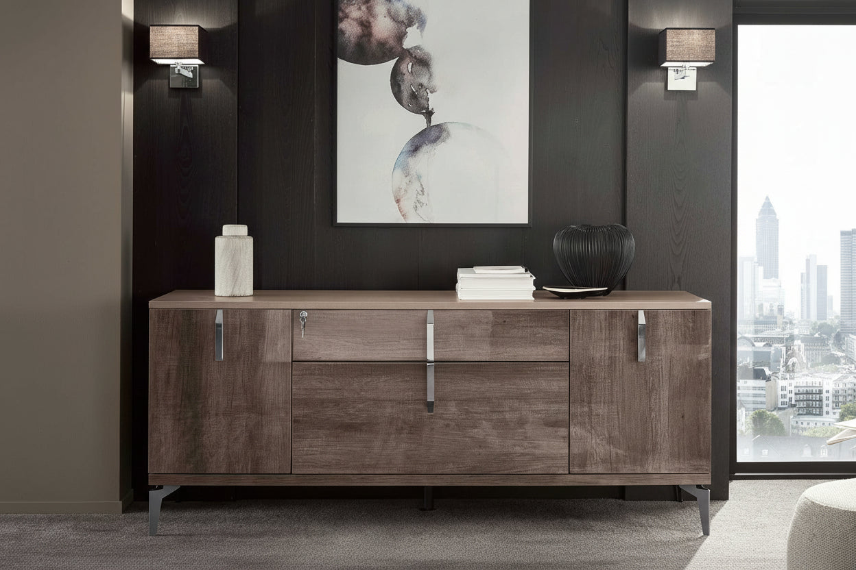 Matera credenza in a modern living room with cityscape view.