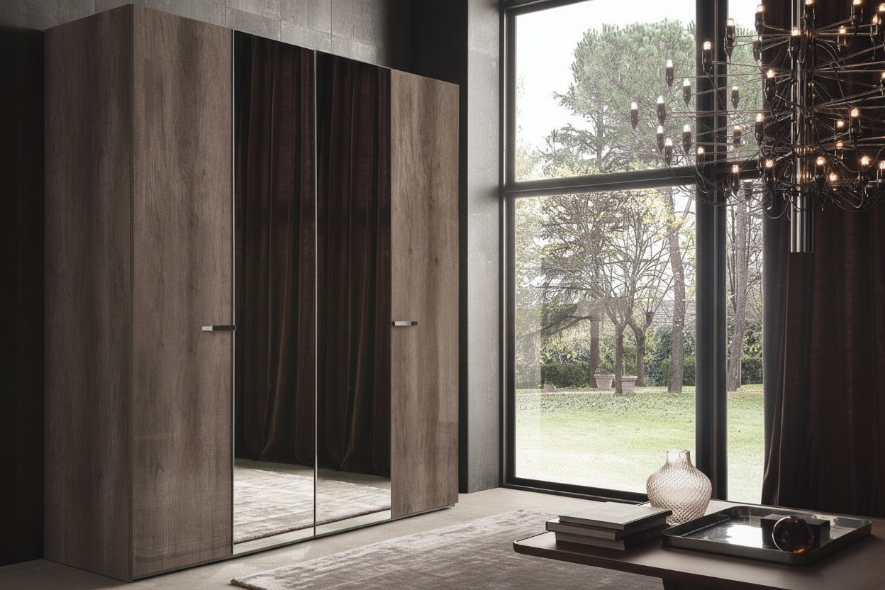 Matera 4-door wardrobe with mirrored doors in a room scene.