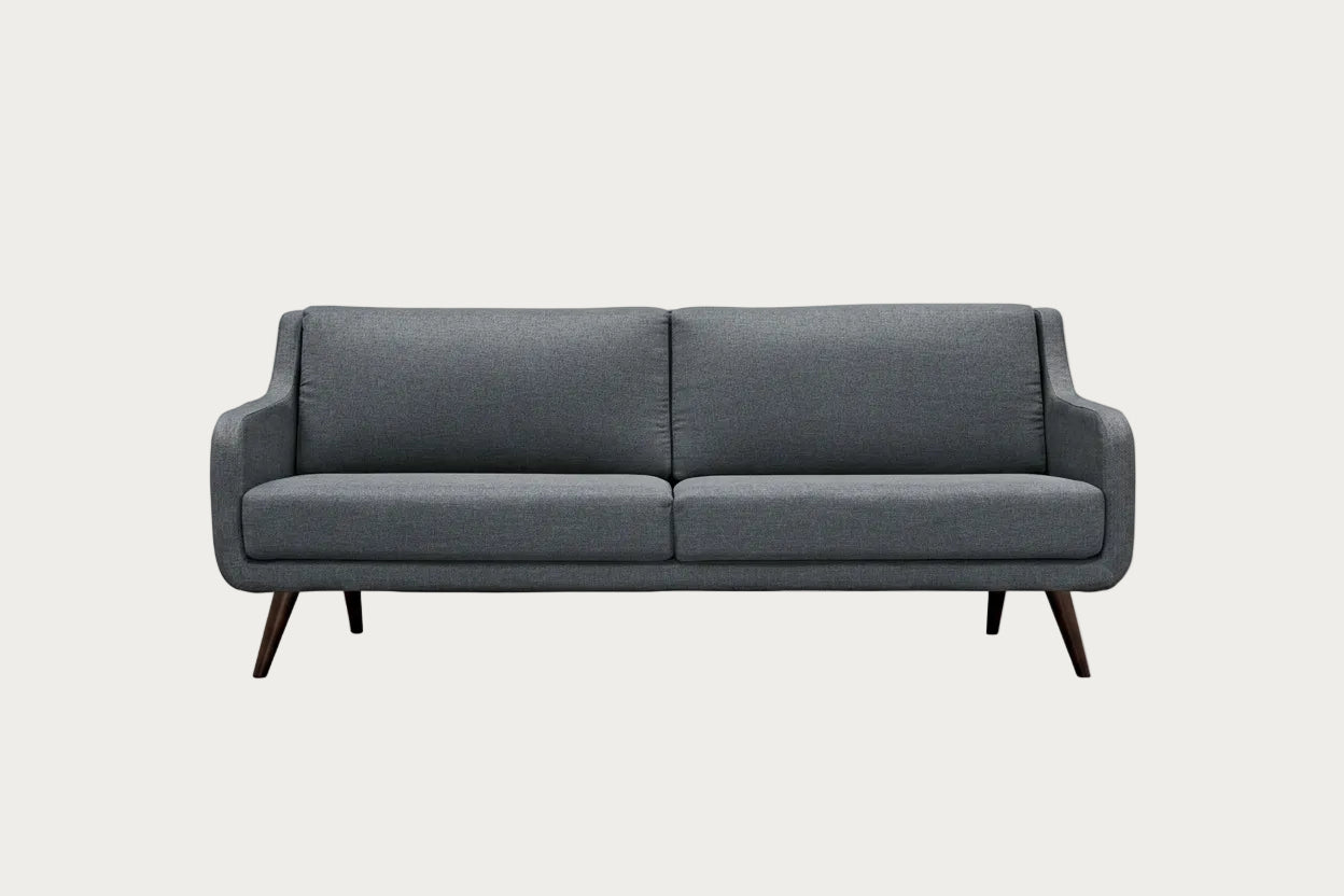 Verve gray fabric upholstered sofa on a white background.
