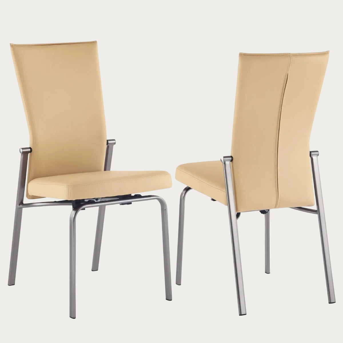 Two beige Molly side chairs with metal frames on a white background