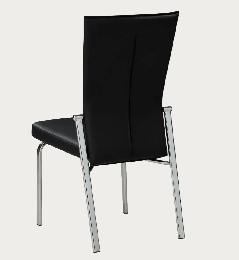 Black Molly side chair with chrome legs on a white background, angled rear view