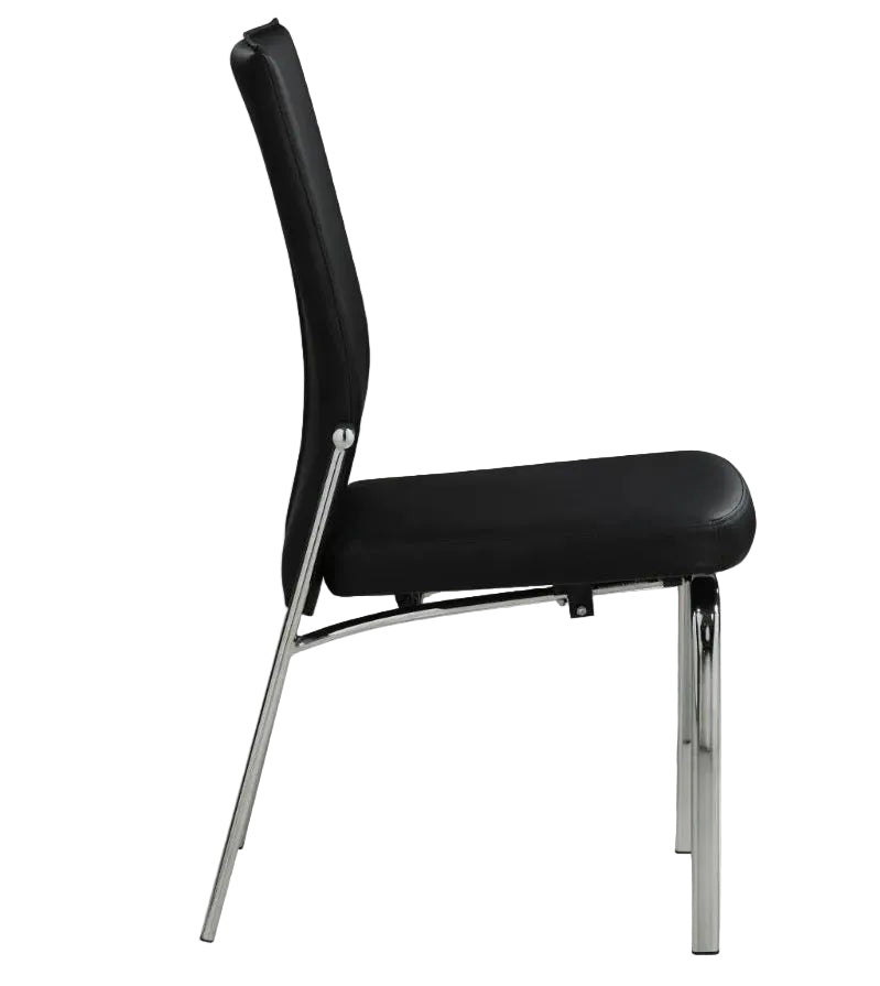Black Molly side chair with chrome legs on a white background, side view
