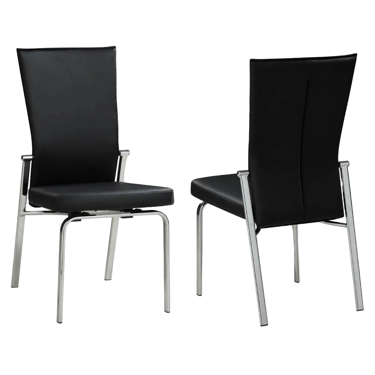 Two Molly black side chairs with chrome frames on a white background