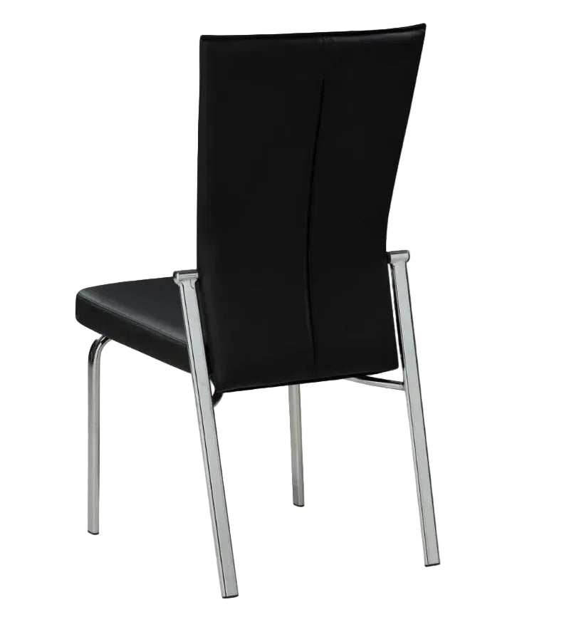Black Molly side chair with chrome legs on a white background, angled rear view