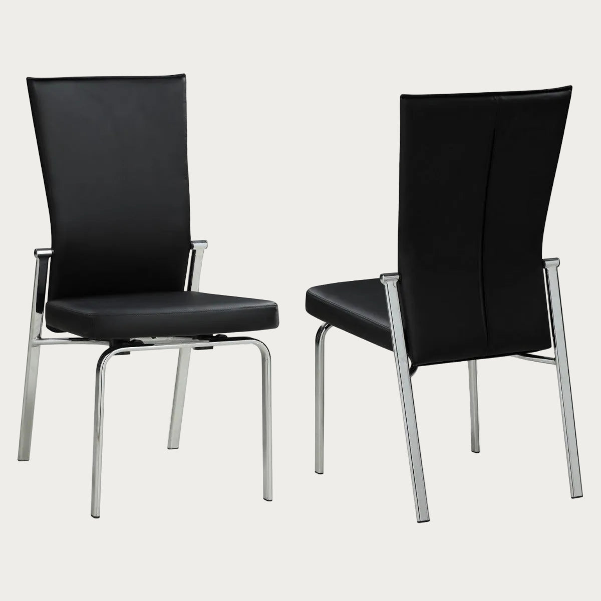 Two Molly black side chairs with chrome frames on a white background
