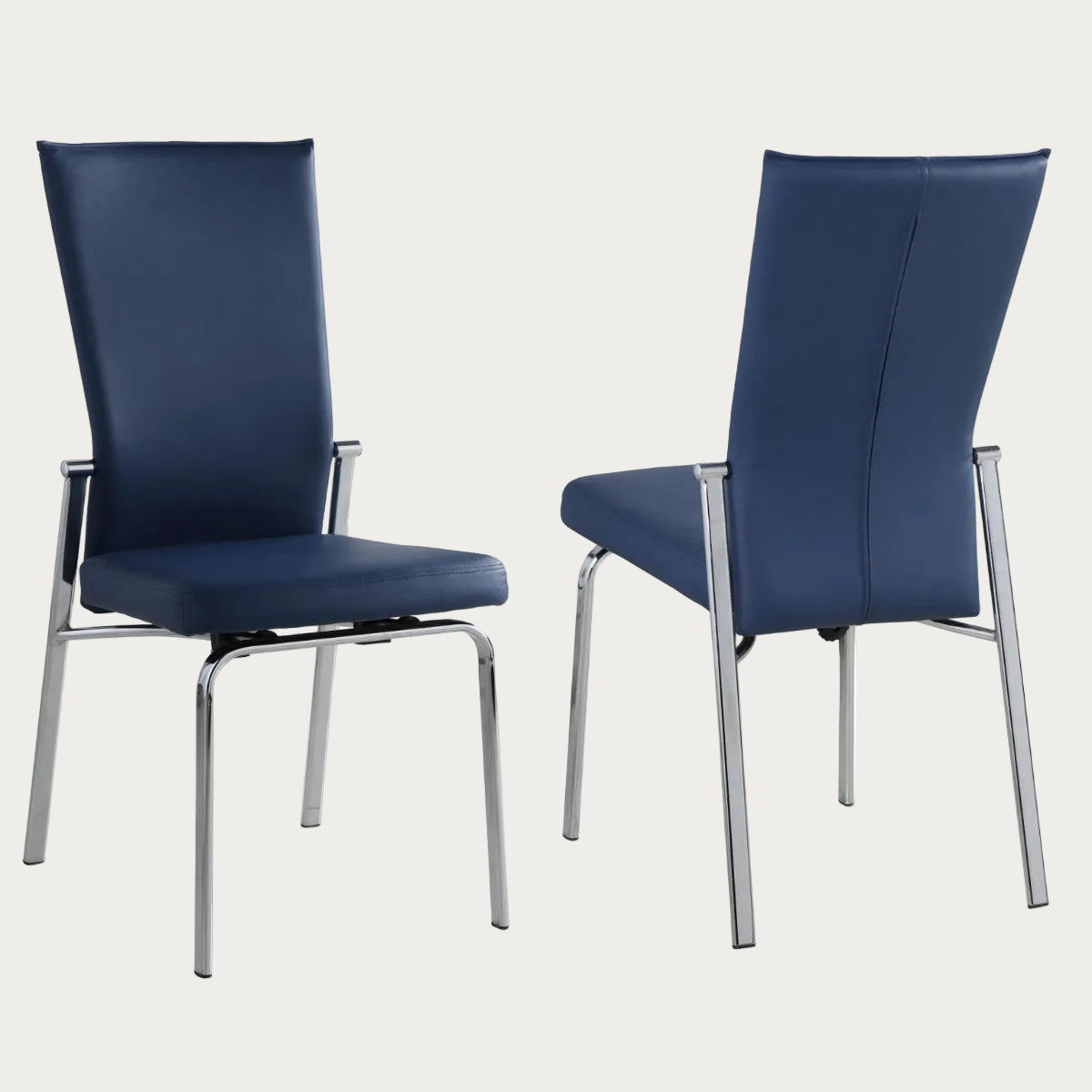 Two Molly blue side chairs with metal frames on a white background