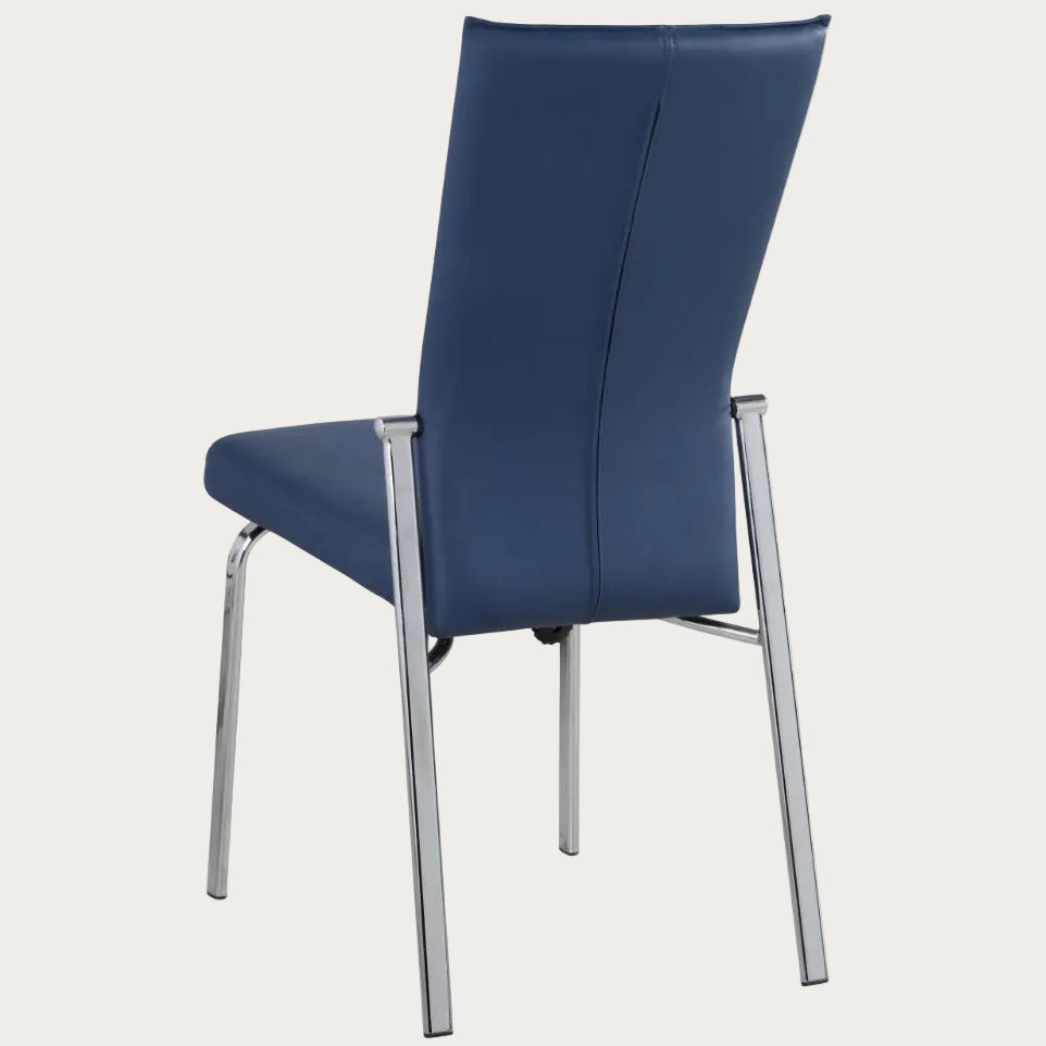 Molly blue side chair with chrome legs on a white background, angled rear view