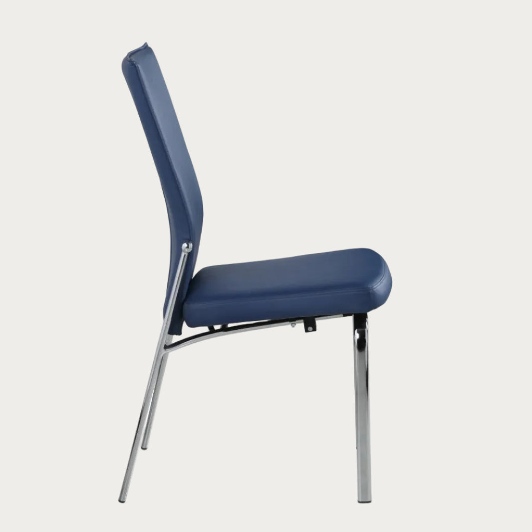 Molly blue side chair with metal legs on a white background, side view