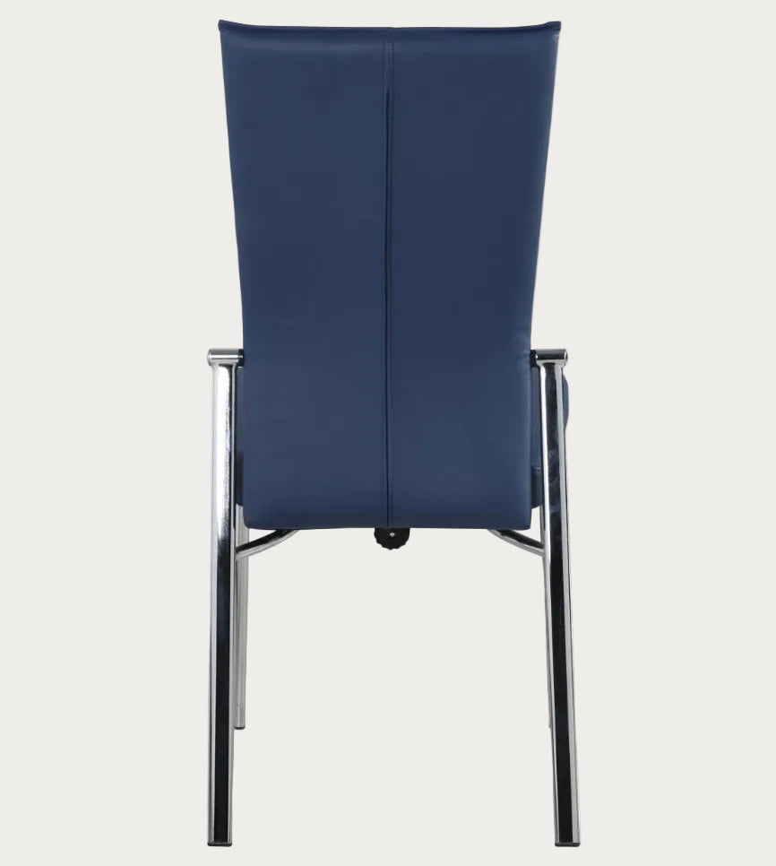 Molly blue side chair with a white background, rear view