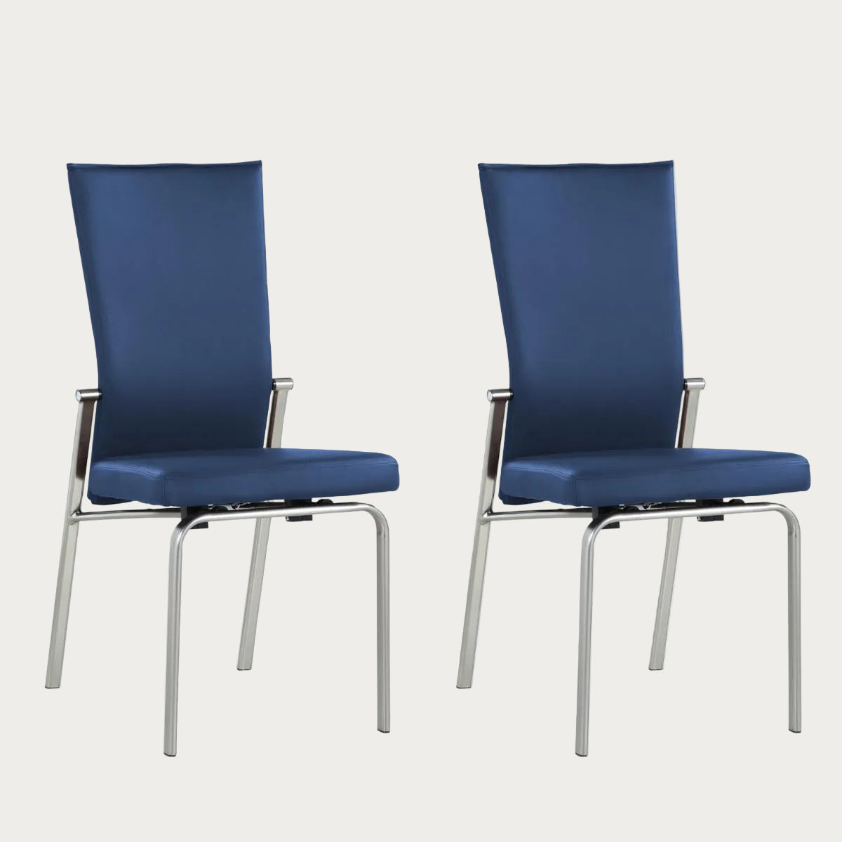 Two Molly blue chairs with metal frames on a white background